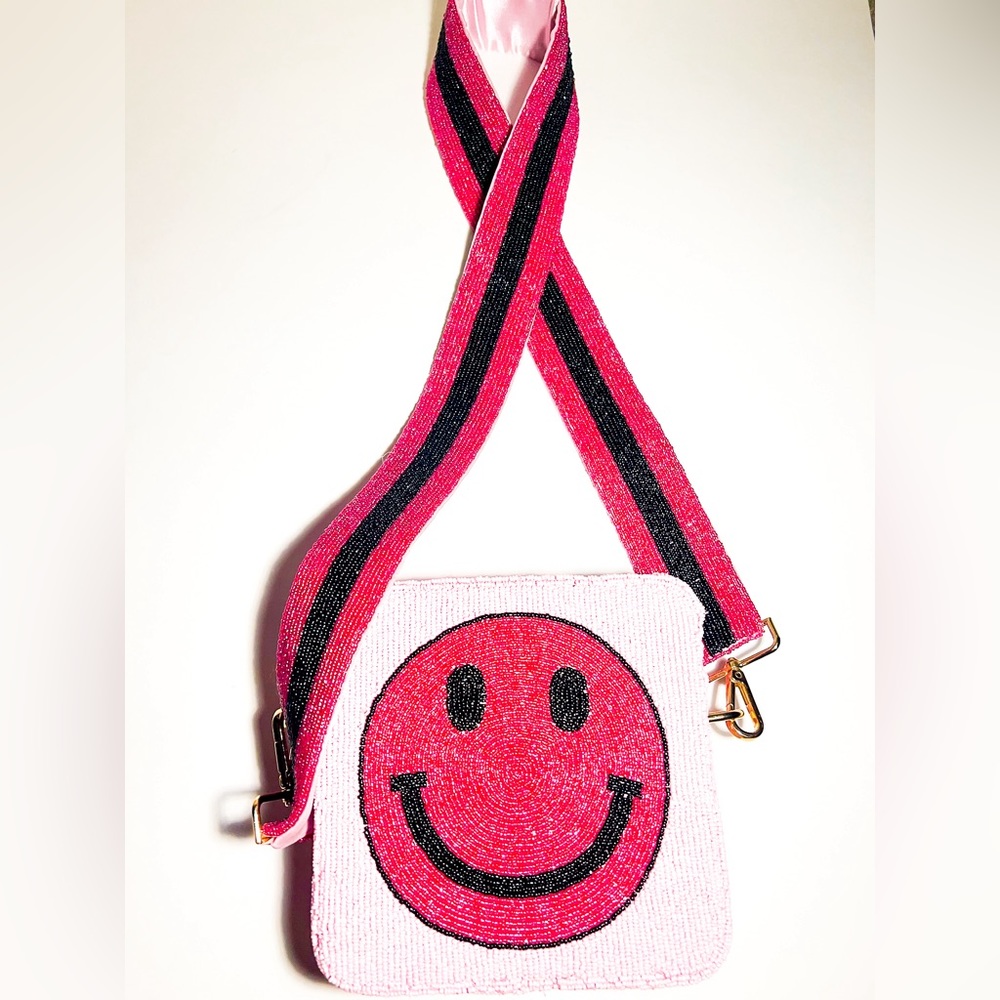 Pink smiley beaded crossbody bag- brand new never before used.